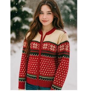 Lands End GIRLS SZ XL/16 100% Cotton Holiday Fair Isle Zip Front Sweater